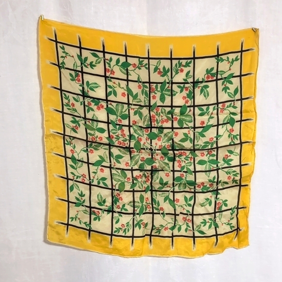 Vintage Yellow Floral Grid Square Scarf Hankie Handkerchief - Picture 1 of 3
